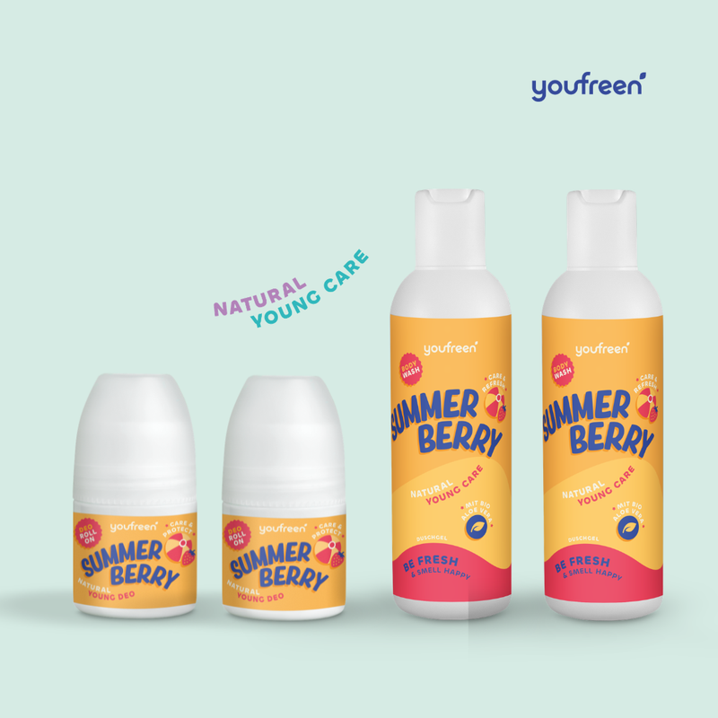 youfreen, deo für kinder, deo pubertät, schwitzen pubertät, deo für mädchen, deo für jungen, unbedenkliches deo, happy routine set summer berry und minty energy