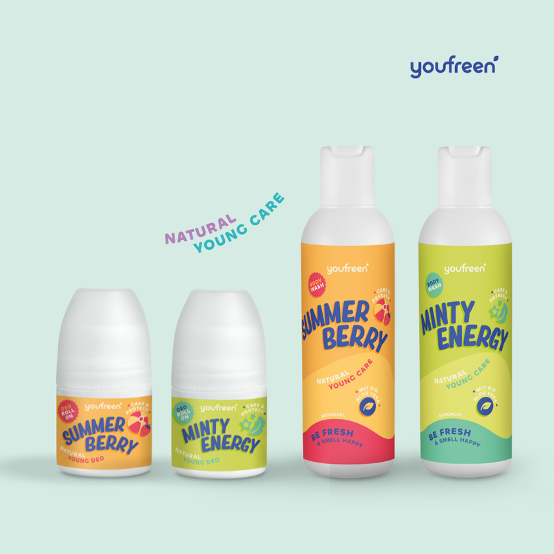 youfreen, deo für kinder, deo pubertät, schwitzen pubertät, deo für mädchen, deo für jungen, unbedenkliches deo, happy routine set summer berry und minty energy