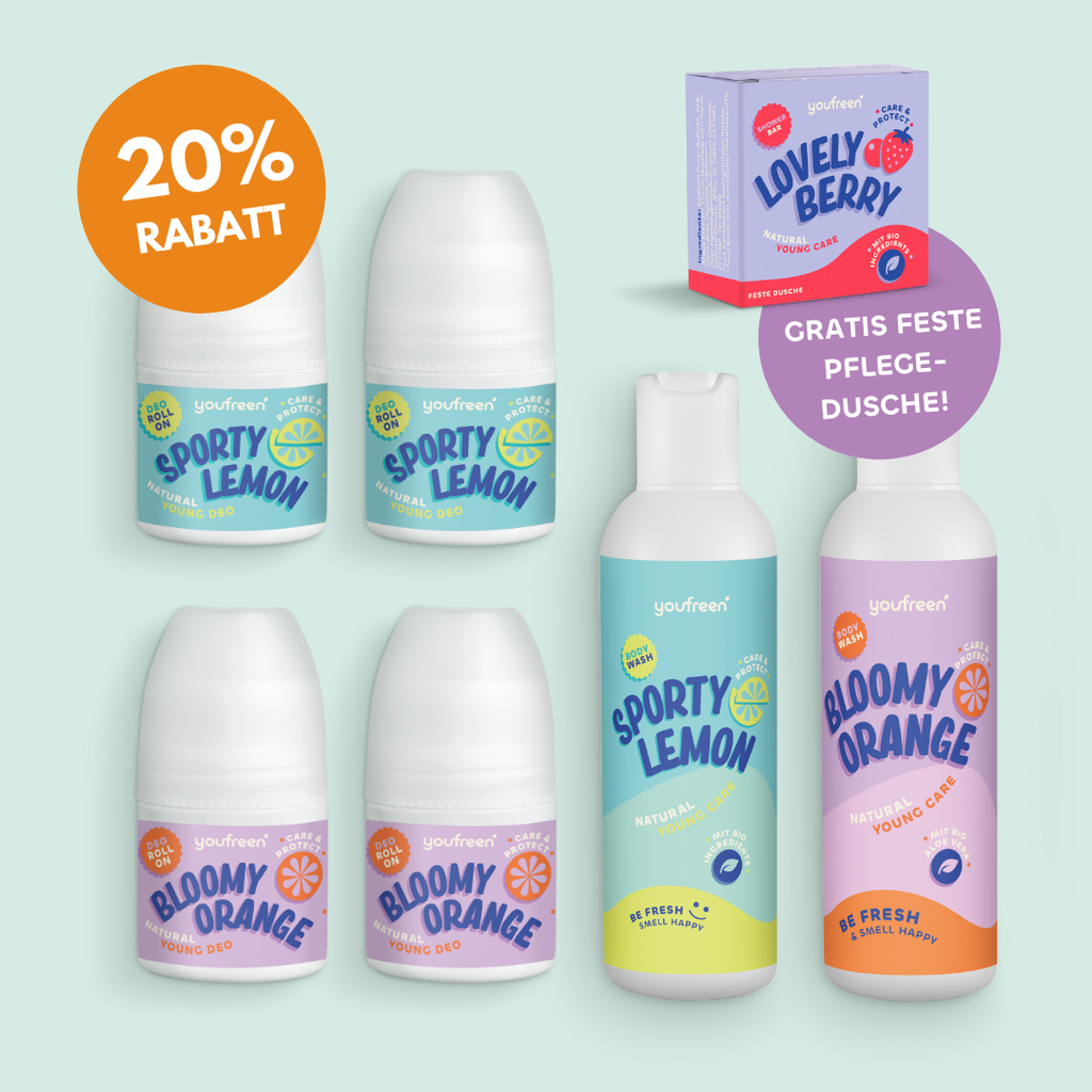 youfreen,  Deo für Kinder, Schwitzen in der Pubertät, unbedenkliches Deo, Happy-Routine-Set für Kids & Teens, 