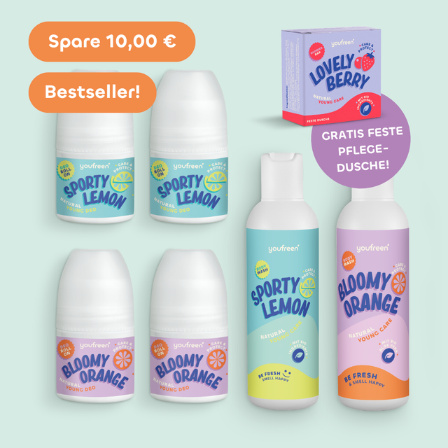 youfreen,  Deo für Kinder, Schwitzen in der Pubertät, unbedenkliches Deo, Happy-Routine-Set für Kids & Teens, 