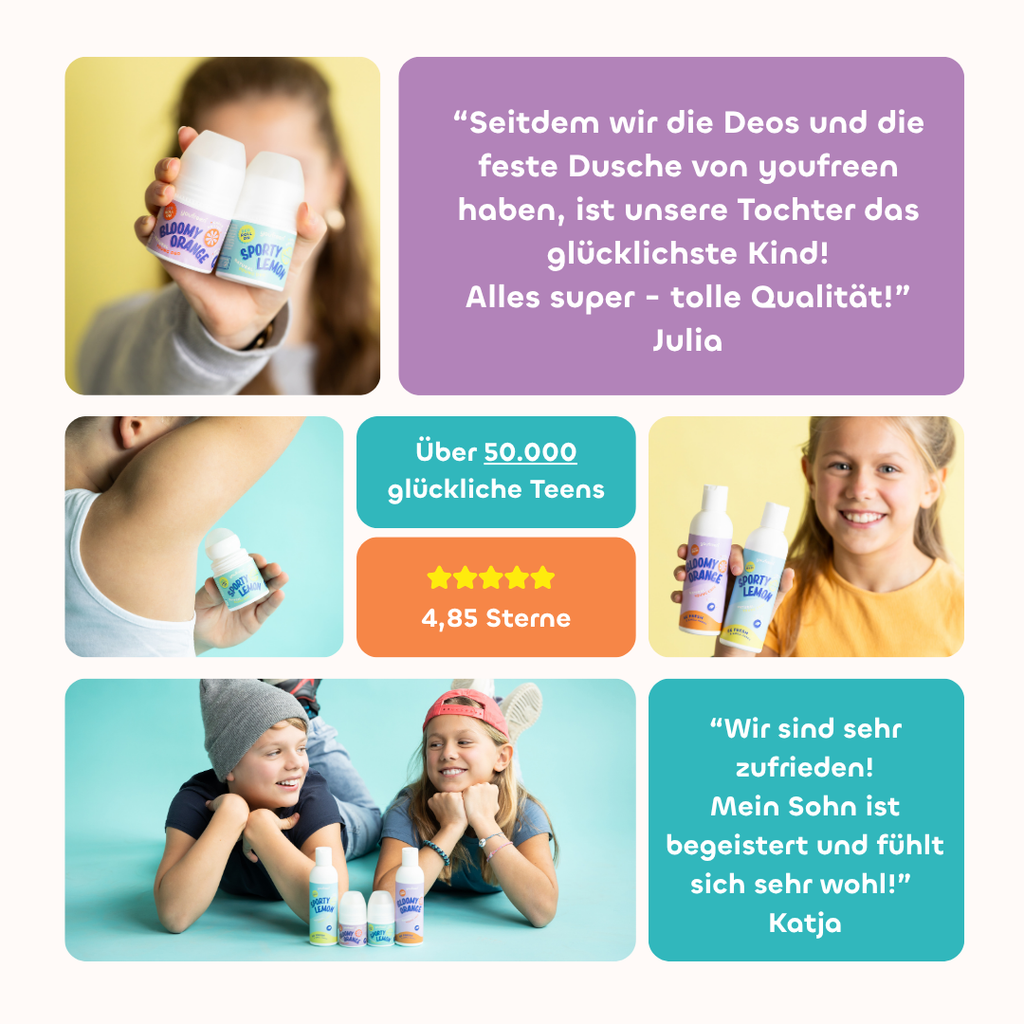 youfreen, Deo für Kinder, youfreen Bewertung, Deo für Jufendliche, Duschgel für Mädchen, Duschgel für Jungen,  Kids Deo, Pubertät schwitzen, Müffeln 