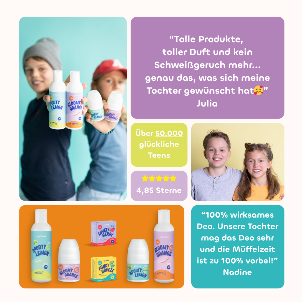 youfreen, Deo für Kinder, youfreen Bewertung, Deo für Jufendliche, Duschgel für Mädchen, Duschgel für Jungen,  Kids Deo, Pubertät schwitzen, Müffeln 