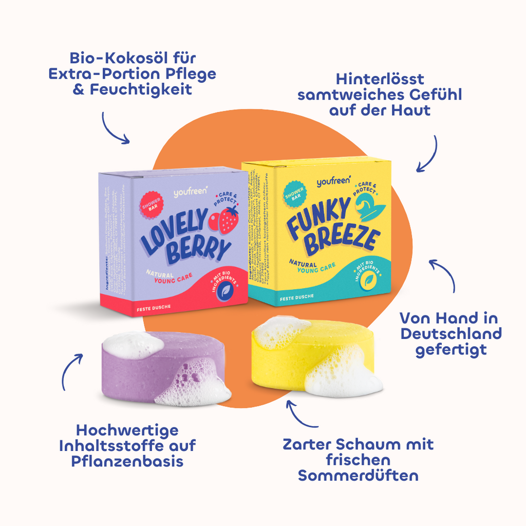 Festes Duschgel, Feste Dusche, Seife, Teens, Pubertät, youfreen, pflegedusche Teens, Duschgel mit Schaum